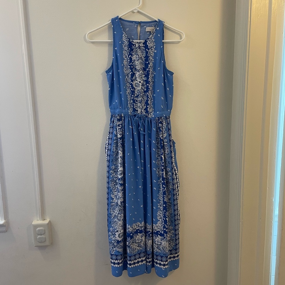 LOFT Midi Blue Floral Open Back Dress